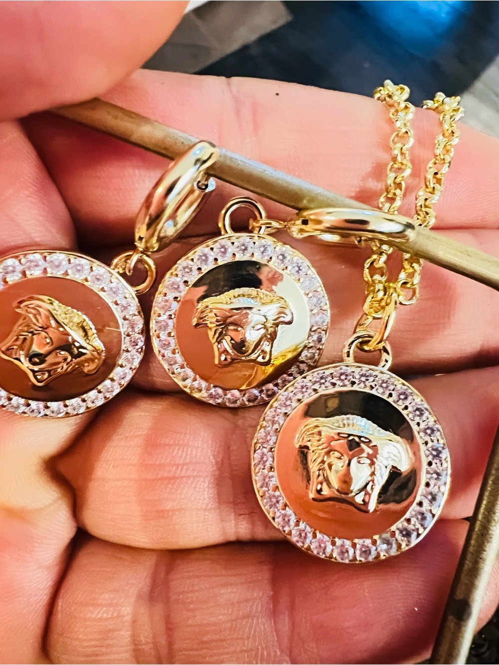 Unbranded Lion Head Medallion Necklace with Crystal Earrings - Women